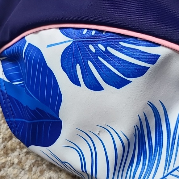 Women's Blue Tropicall Leaf Print Swim Top - Picture 6 of 10